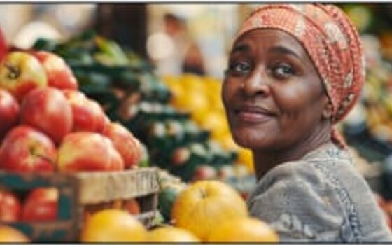A market trader at her fruit and vegetable stall